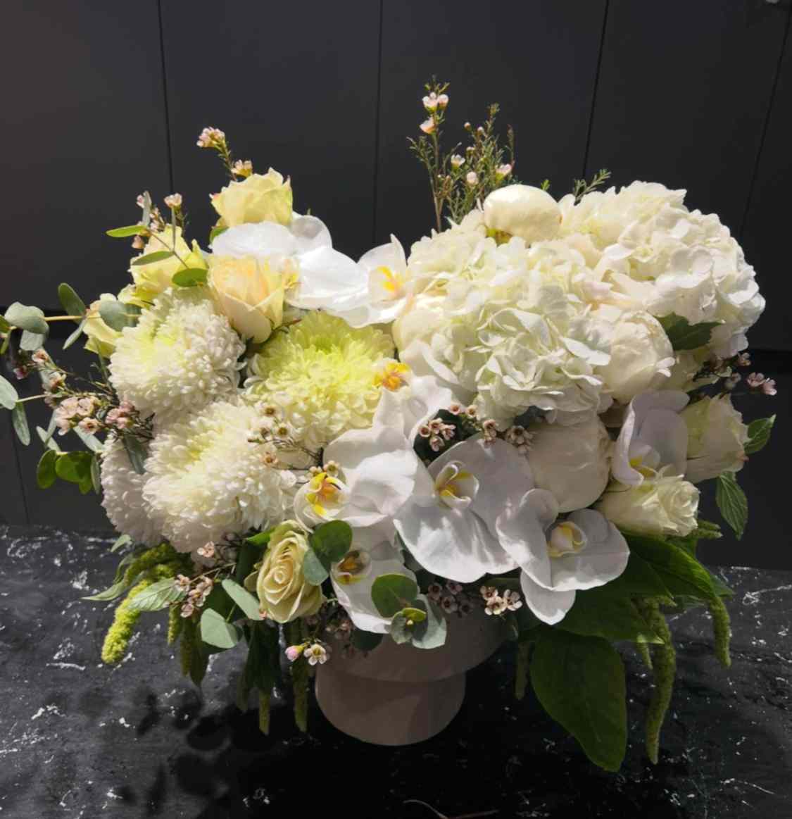White  Orchids Rose Anasatasia Hydrangea Arrangement
