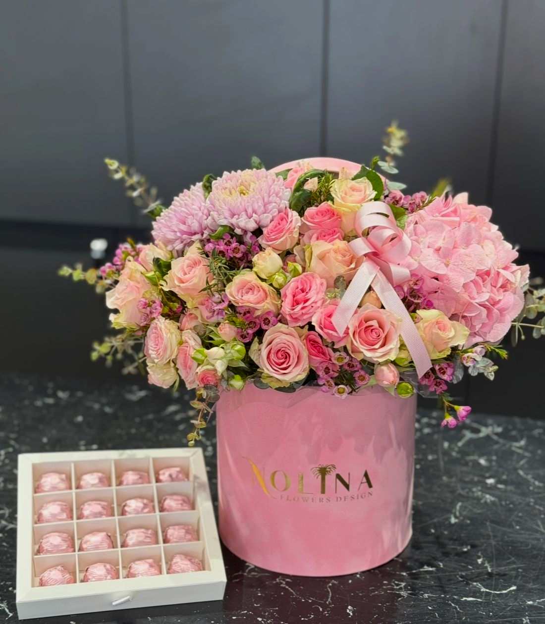 Pink Box Arrangement and chocolates